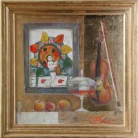 Composition with icon, violin and apples