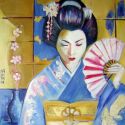 Blue geisha with fan