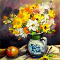 Vase with flowers and apple